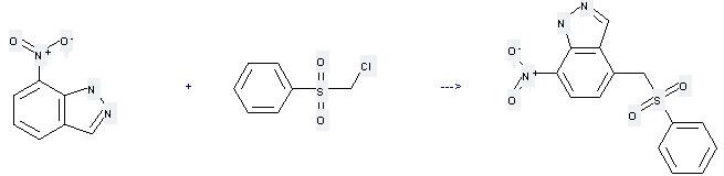 1H-Indazole, 7-nitro- can be used to produce 4-benzenesulfonylmethyl-7-nitro-1H-indazole at the ambient temperature